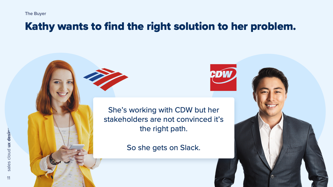 Cast slide introducing Kathy, the buyer at Bank of America, whose stakeholders are not yet convinced her vendor is the right path.